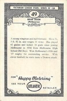 1958 Atlantic Petrol Stations Victorian League Stars #49 Brian Dixon Back